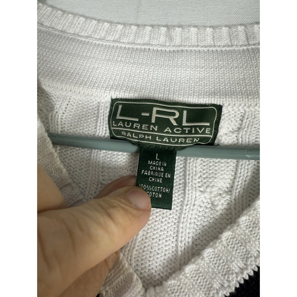 VTG Lauren Ralph Lauren Cricket Sweater Large White Cable Knit V-Neck 90s Tennis - Picture 3 of 6